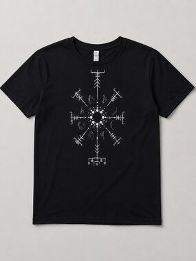 Unisex Black Vegvísir Compass Graphic Tee |‎ Norse Viking Symbol T-Shirt